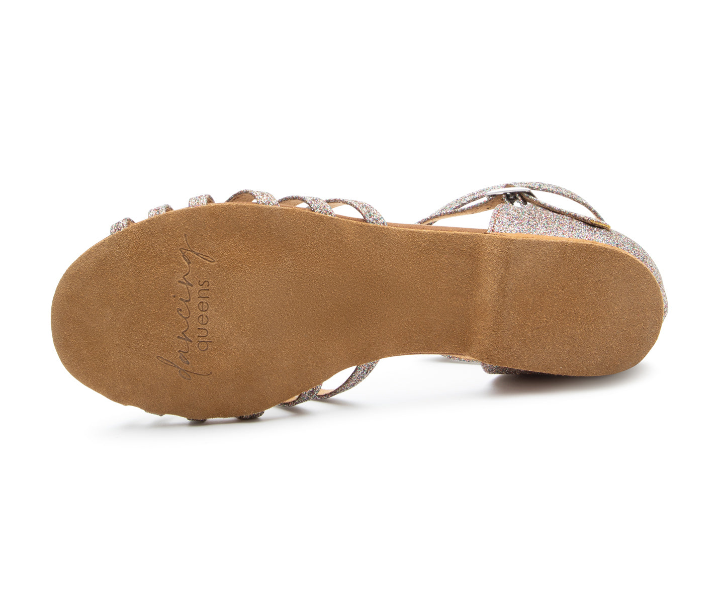 Unterseite einer Dancing Queens DQ02 Riemchensandale mit mehreren Glitzersteinen und hellbrauner Sohle.